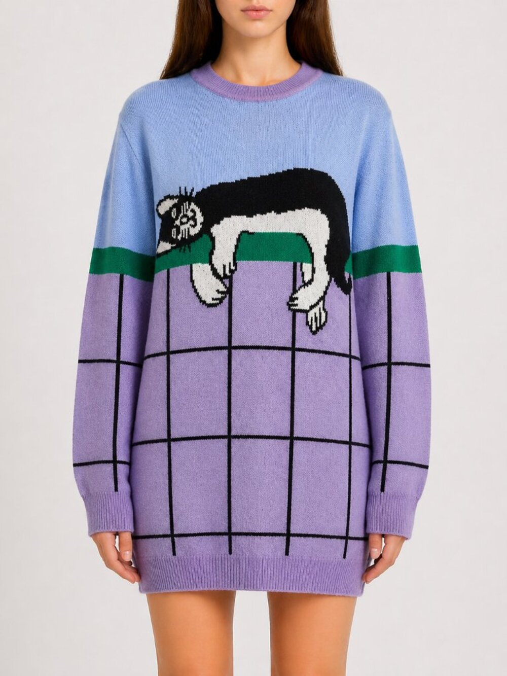 Vivetta Italy Wool Cat Intarsia Sweater Dress Lavender Blue Grid 38 IT